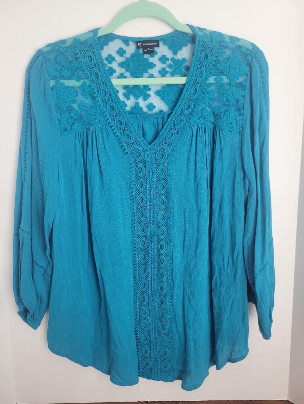 New Directions Teal Turqoise Crochet Lace V Neck 3/4 Sleeve Tunic Blouse Boho S
